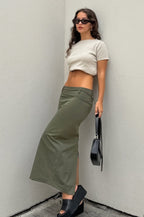 French Style Green High Waist Straight Midi Skirt