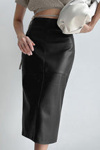 PU Leather High-Waisted Slit Midi Skirt