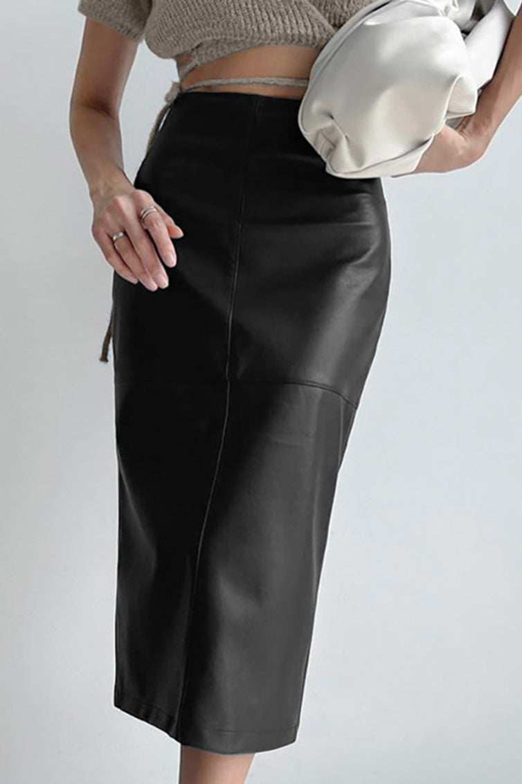 PU Leather High-Waisted Slit Midi Skirt