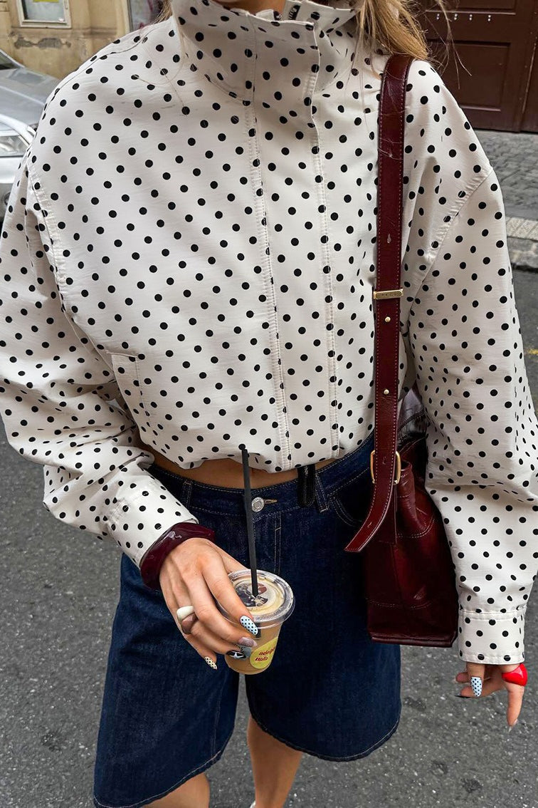 Polka Dot Drawstring Bomber Jacket