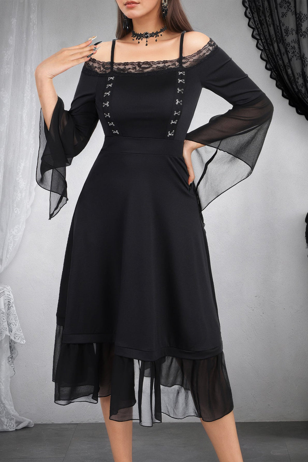 Gothic Dark Flare Sleeve Lace Chiffon A-Line Bodycon Maxi Dress