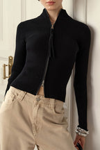 Knit Double Zipper Stand Collar  Blouse