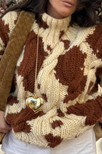 Cow Print Cable Knit Turtleneck Sweater