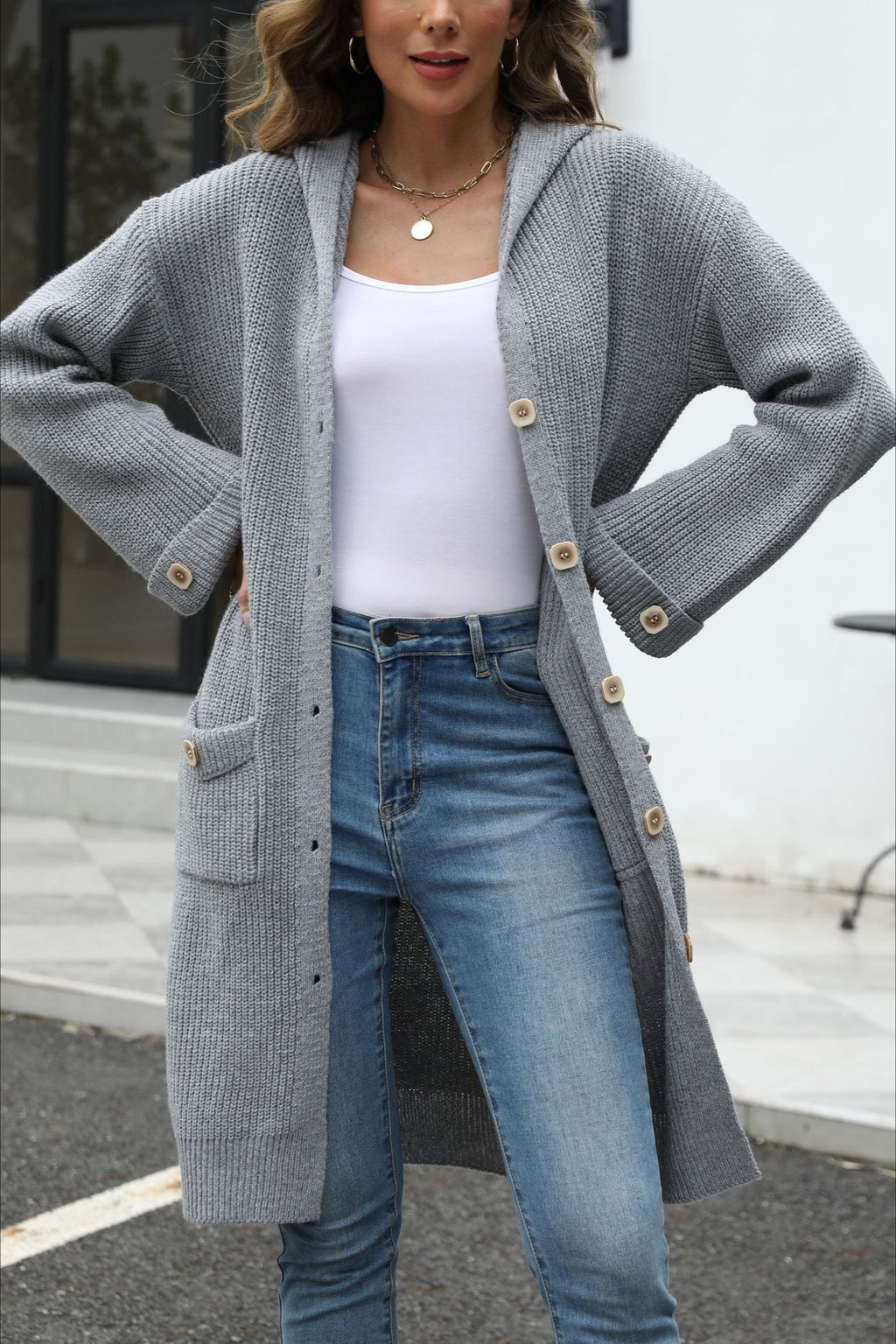 V-Neck Loose Fit Solid Color Knit Cardigan