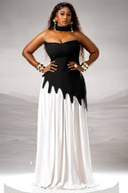 Black and White Color Block Waist-Cinching Maxi Dress