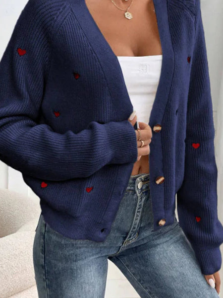 Heart Embroidery V-Neck Knit Cardigan