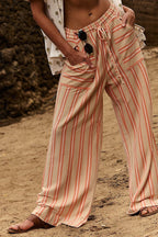 Beach Style Striped Drawstring Wide Leg Pants