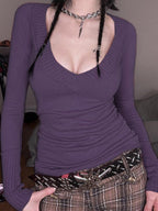 Ribbed Deep V Neck Knit Blouse