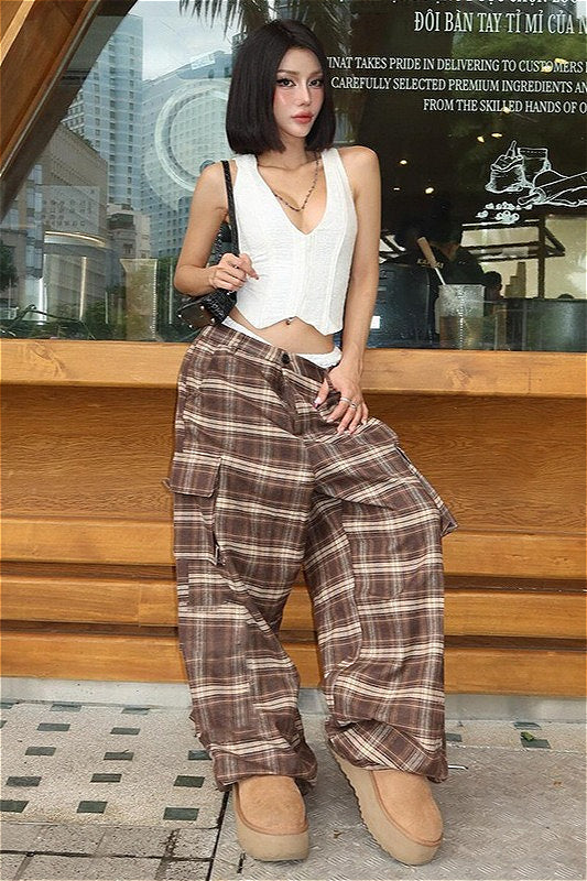 Vintage Plaid Wide Leg Cargo Pants