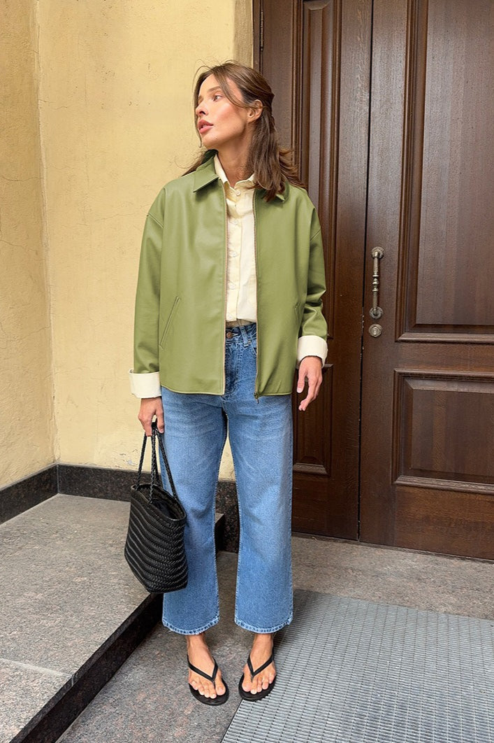 Loose Fit Green Leather Pilot Jacket