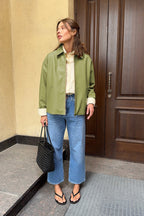 Loose Fit Green Leather Pilot Jacket