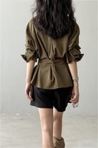 Vintage Waist Cinched Belted Long Sleeve Blouse