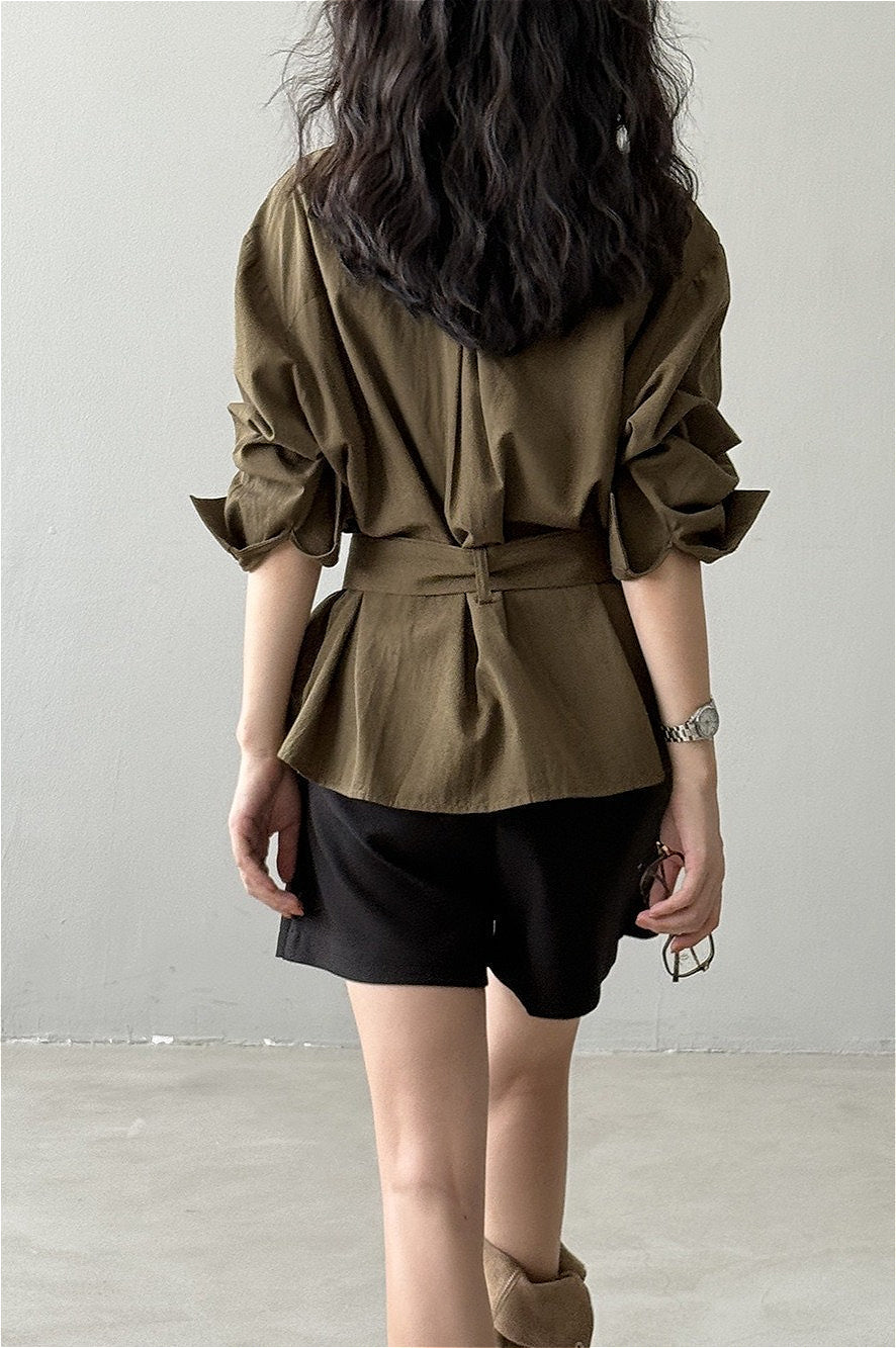 Vintage Waist Cinched Belted Long Sleeve Blouse