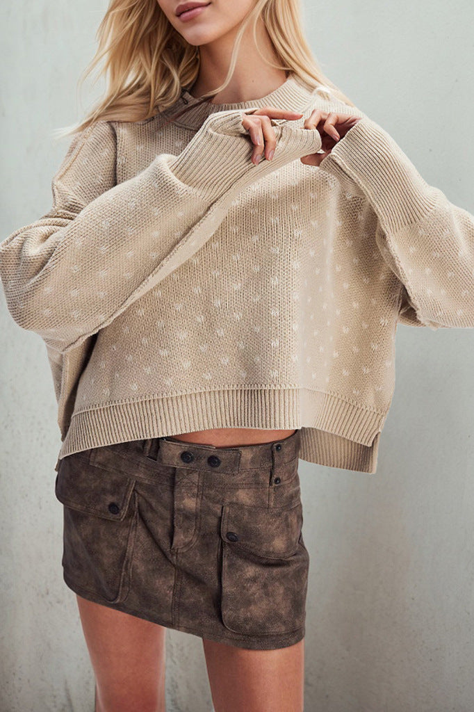 Heart Print Loose Fit Cropped Knit Sweater