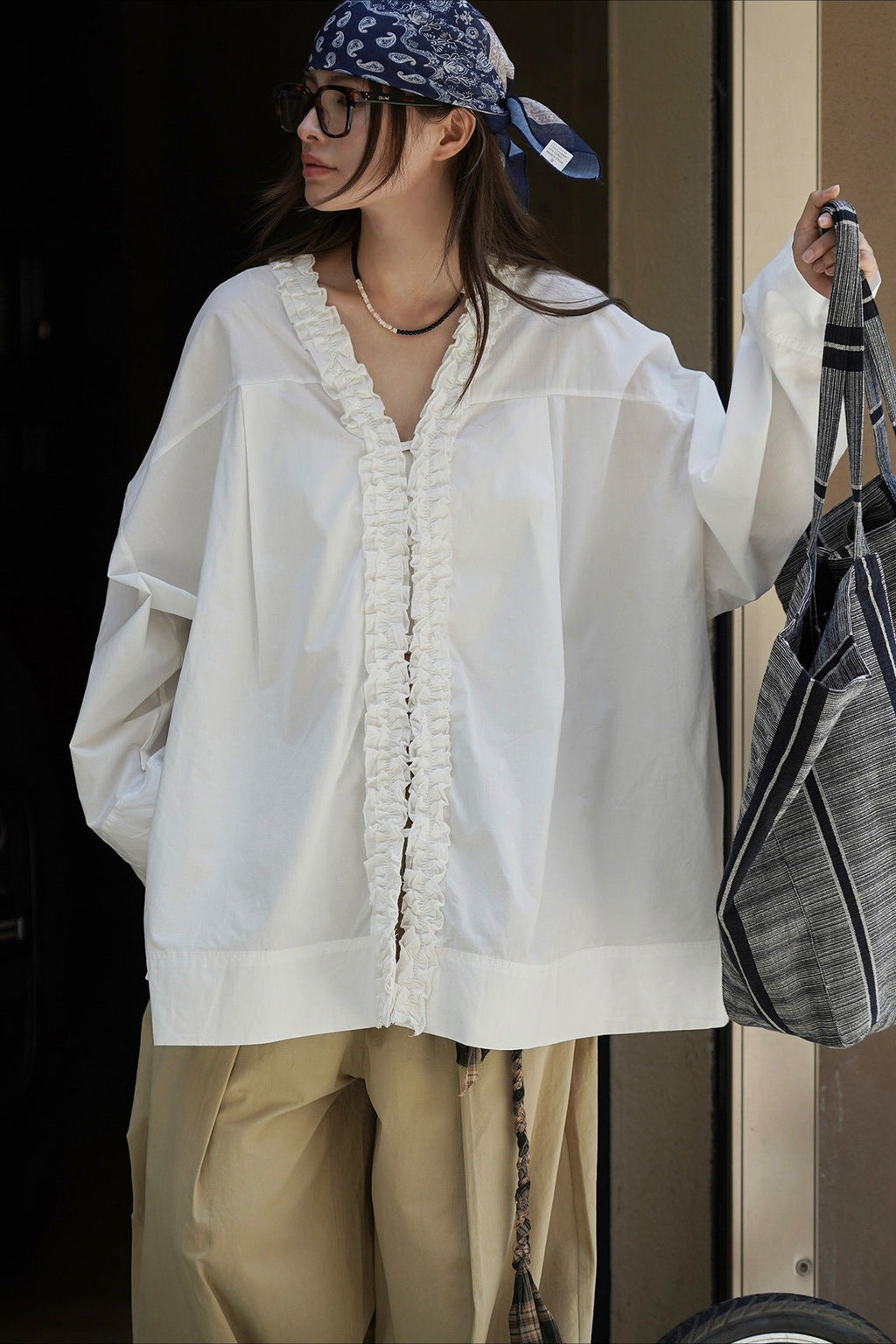 Ruffled Patchwork Long Sleeve Blouse