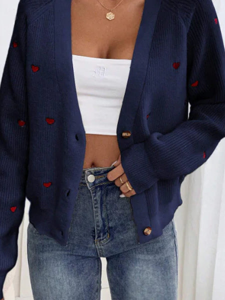 Heart Embroidery V-Neck Knit Cardigan