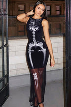 Color Block Skeleton Print Sleeveless Side Slit Maxi Dress