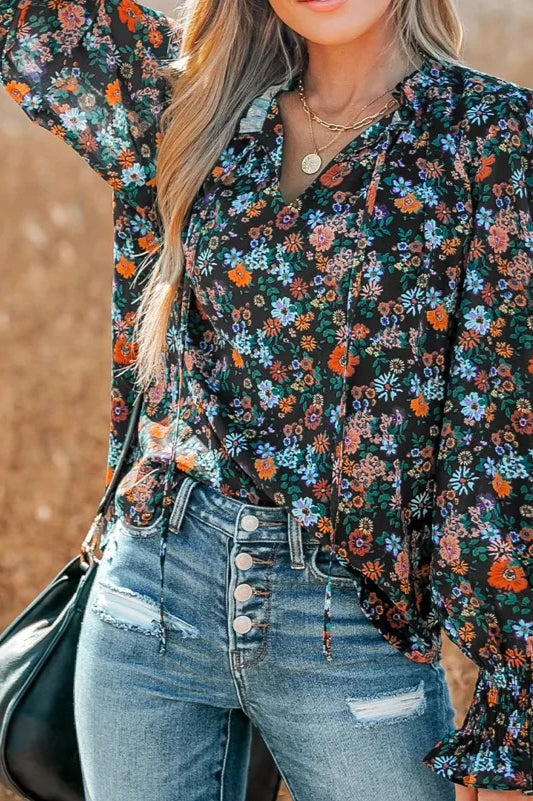 Floral V-Neck Ruffled Sleeve Blouse