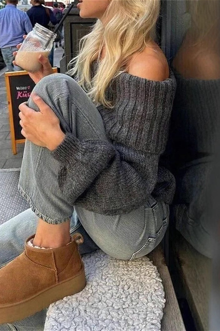 Vintage Off-Shoulder Fitted Long Sleeve Sweater
