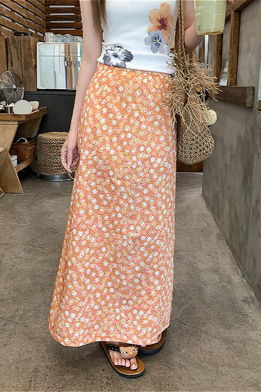Floral Orange A Line Midi Skirt