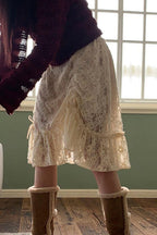 Ruched Lace Patchwork Midi Skirt