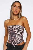 Strapless Leopard Lace Up Crop Top