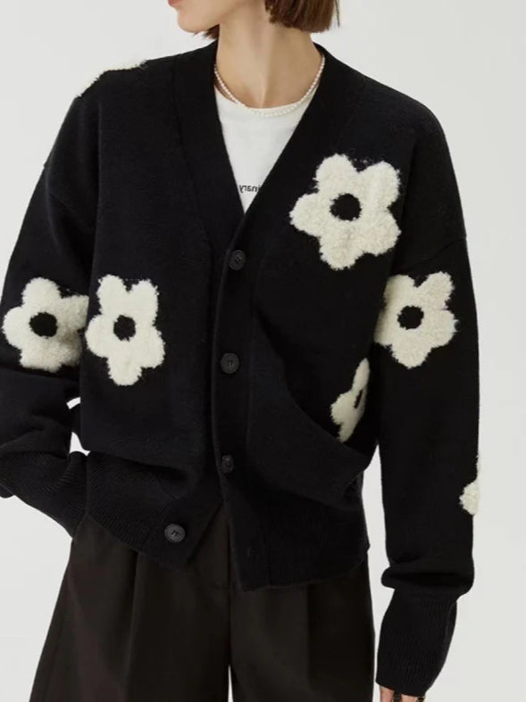 Jacquard Knit V-Neck Cardigan