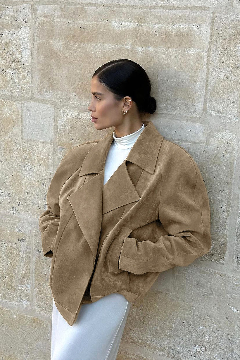 Vintage Suede Lad-Style Notch-Collar Coat