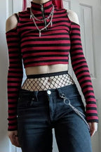 Striped Off Shoulder Zip Knit T-Shirt