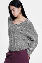 V-Neck Long Sleeve Cable Knit Sweater
