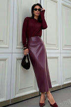 High-Waist Faux Leather Bodycon Skirt with Slit Skirt