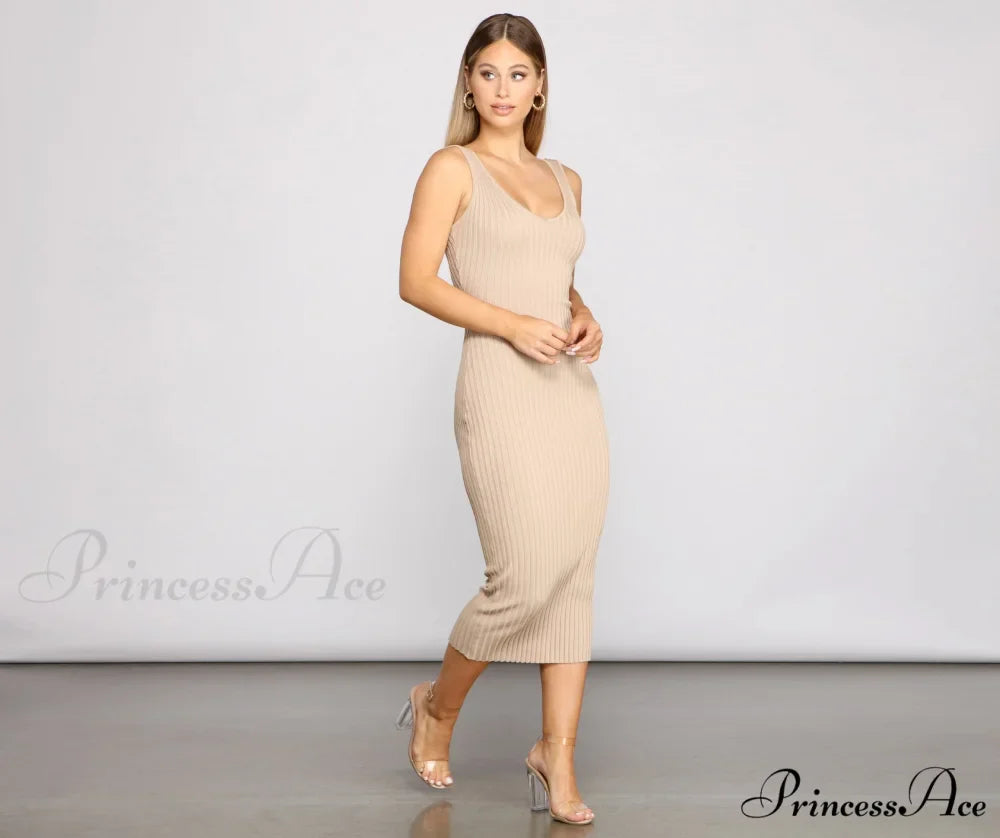 Back To Basics Charming Ribbed Knit Midi Dress
