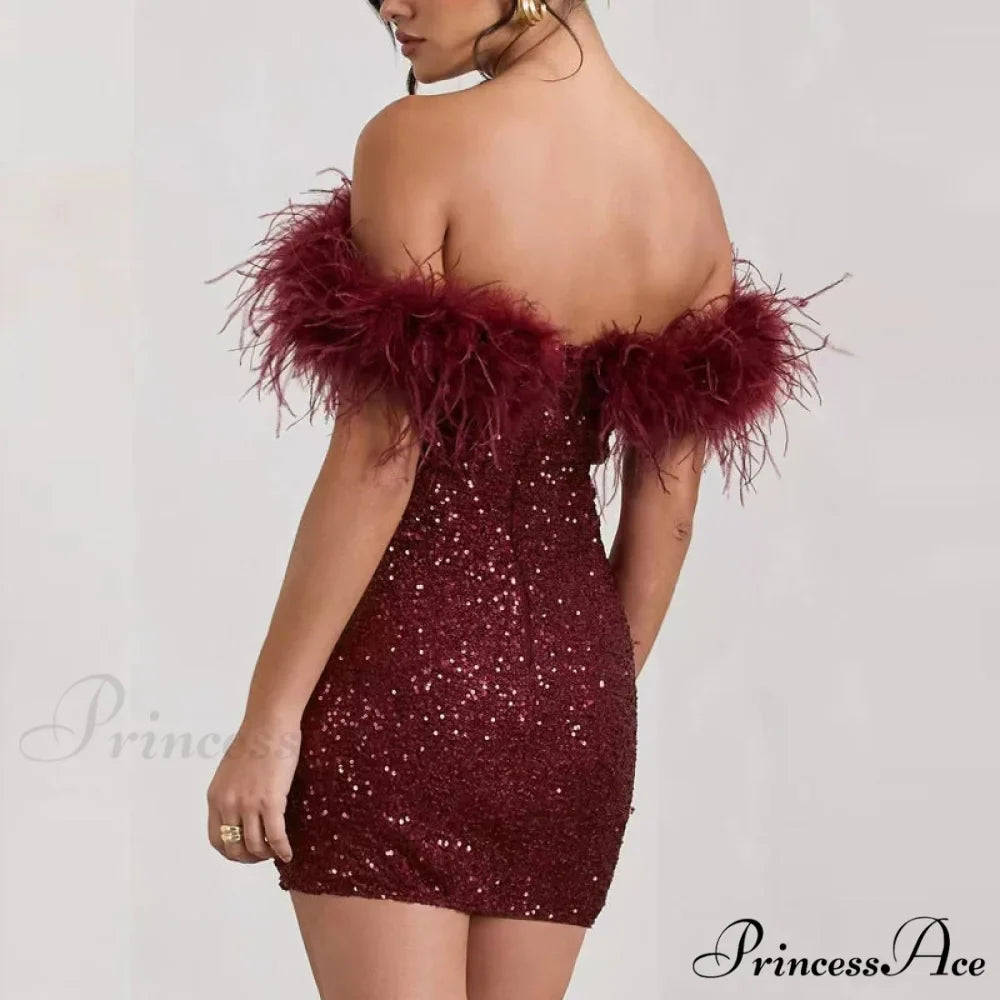 Backless Glitter Feather Slim Party Dress