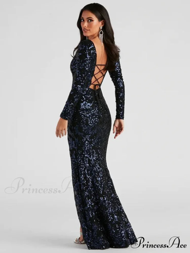 Backless Lace-Up Long Charming Sleeve Sequin Party Dress