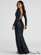 Backless Lace-Up Long Charming Sleeve Sequin Party Dress
