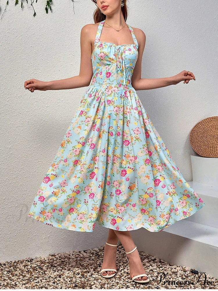 Backless Print Floral Pink Dress