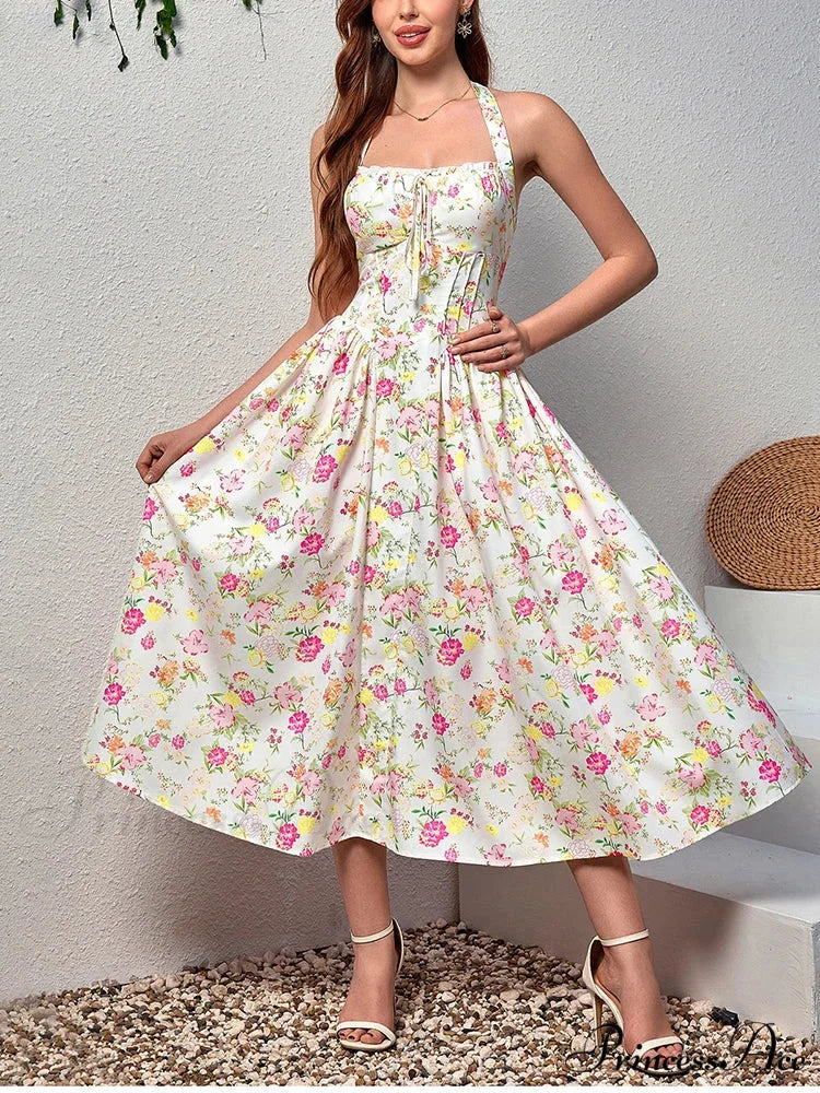 Backless Print Floral Pink Dress