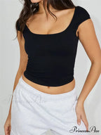 Backless Short Sleeve Low Cut O-Neck Crop Tops Solid Slim Fit T-shirts