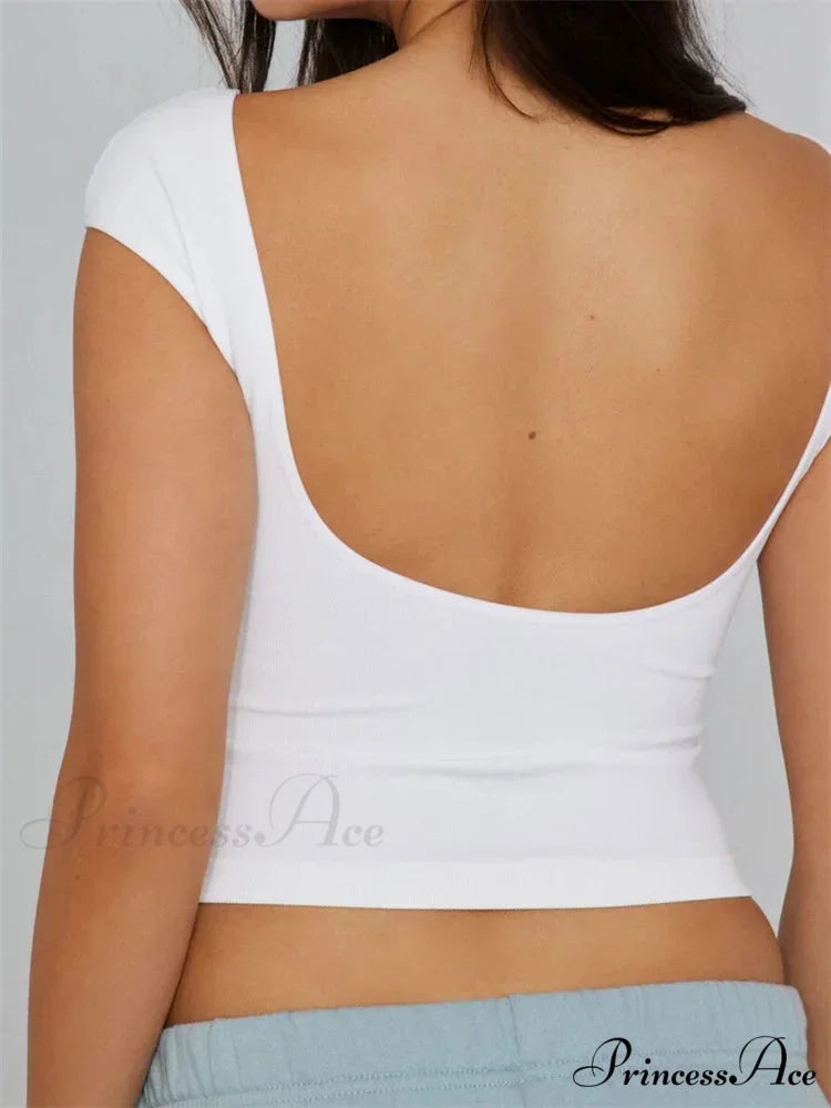 Backless Short Sleeve Low Cut O-Neck Crop Tops Solid Slim Fit T-shirts