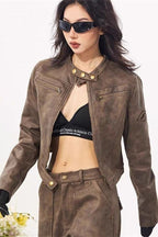 Vintage Stand Collar Suede Jacket