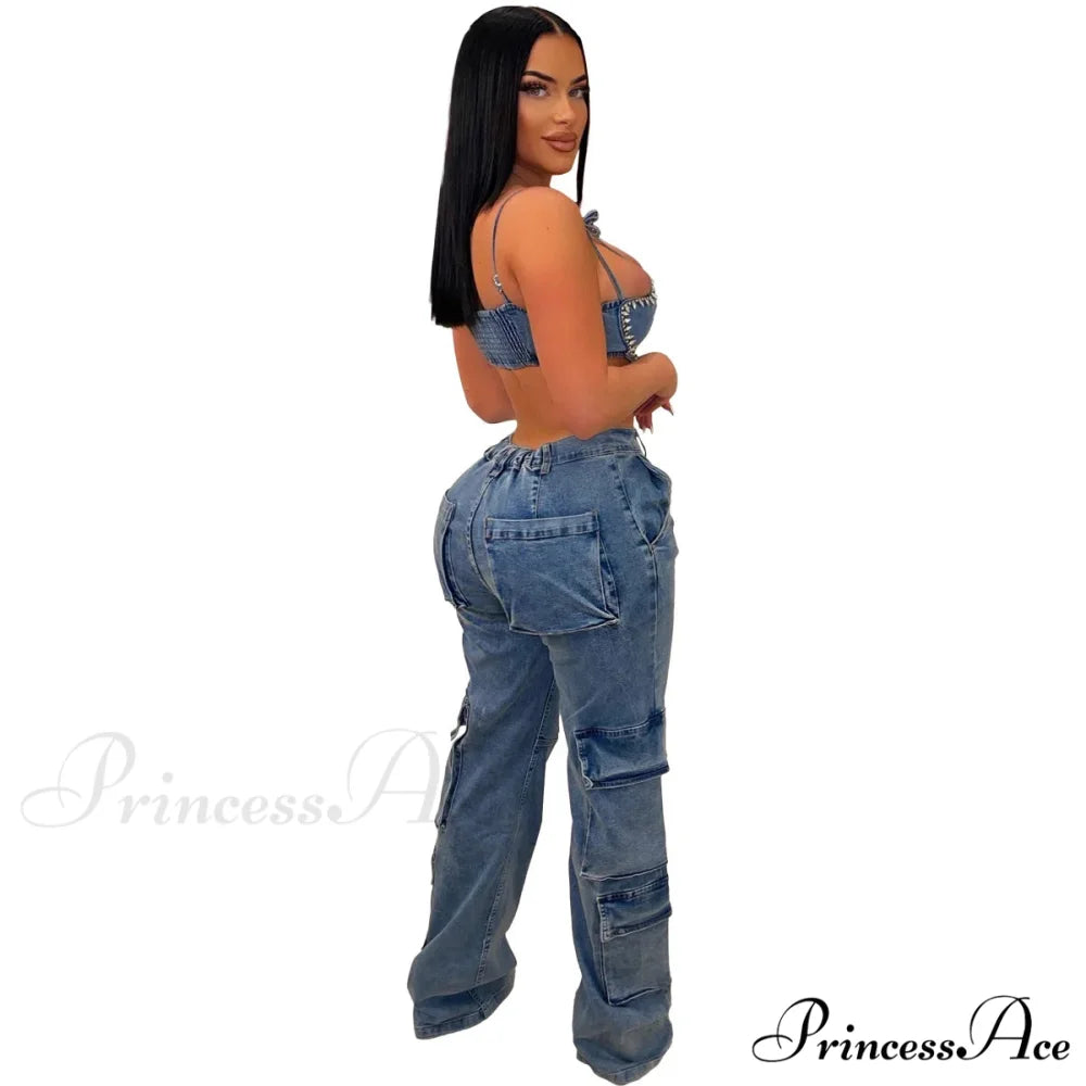 Baggy Pocket Denim Wide Leg High Waist Cargo Y2K Streetwear Fashion Denim 2024 Summer Clothes Jean