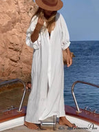 Balloon Sleeve Button Pocketed Graceful Loose Shirt Maxi Dress