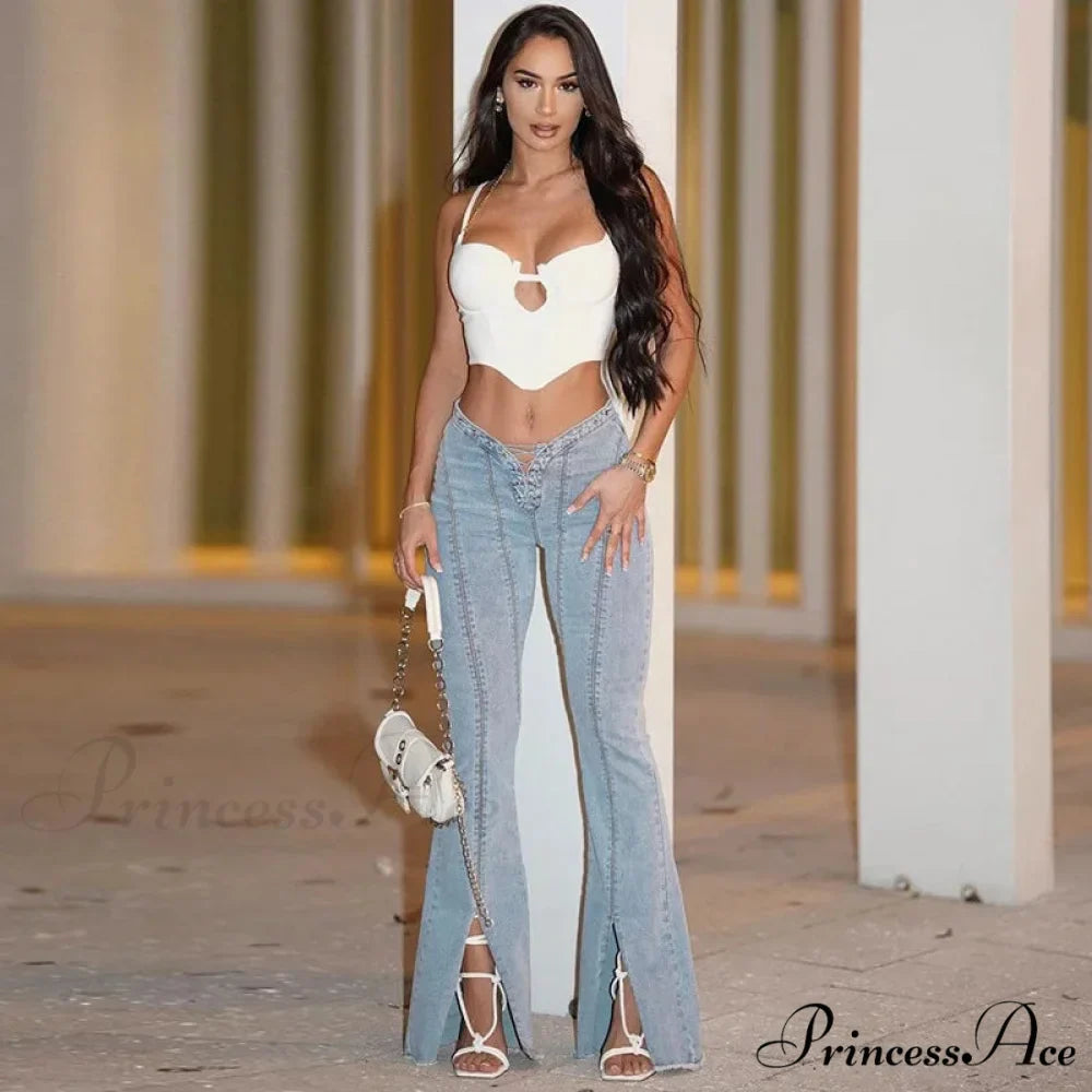 Bandage Skinny Flared High Waist Open Split Vintage Bottoms 2024 Autumn Fashion Y2K Streetwear Jean