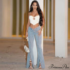 Bandage Skinny Flared High Waist Open Split Vintage Bottoms 2024 Autumn Fashion Y2K Streetwear Jean
