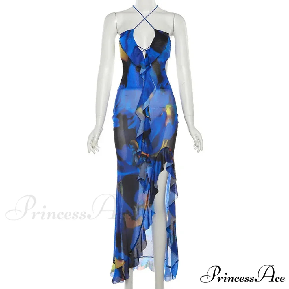 Bandage Slit Ruffle Plunge V-Neck Elegant for Women's Club Party Print SunSummer Midi Dress