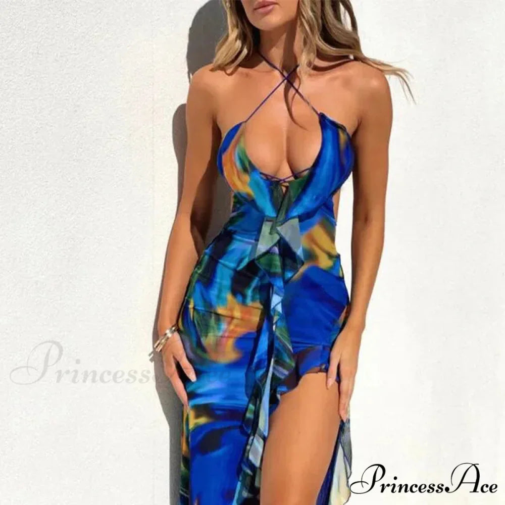 Bandage Slit Ruffle Plunge V-Neck Elegant for Women's Club Party Print SunSummer Midi Dress