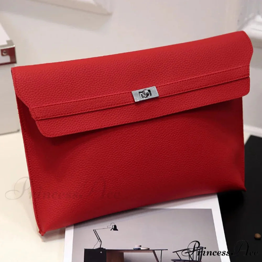 Basic Crimson Faux Leather Envelope Clutch Bag for Women