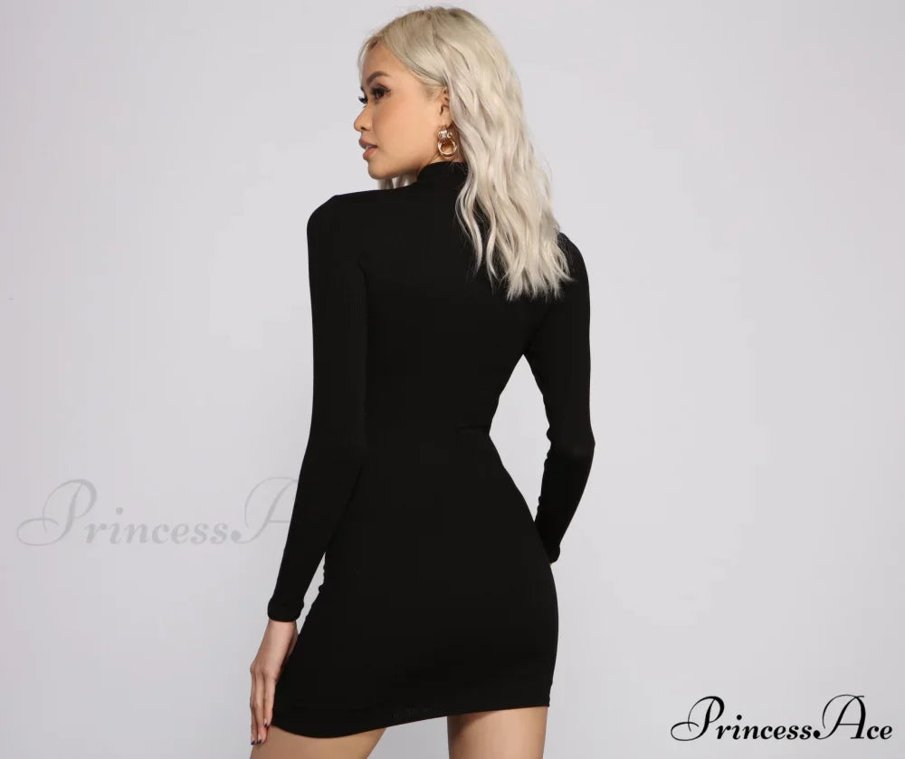 Basic Ribbed Knit Charming Long Sleeve Mini Dress