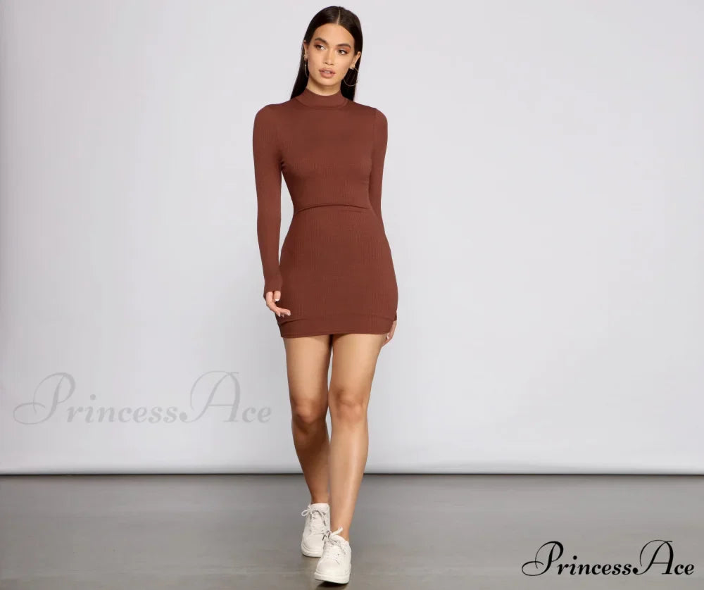 Basic Ribbed Knit Charming Long Sleeve Mini Dress