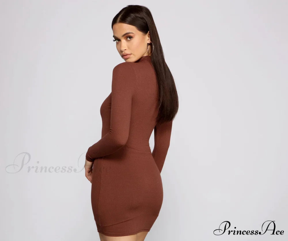 Basic Ribbed Knit Charming Long Sleeve Mini Dress